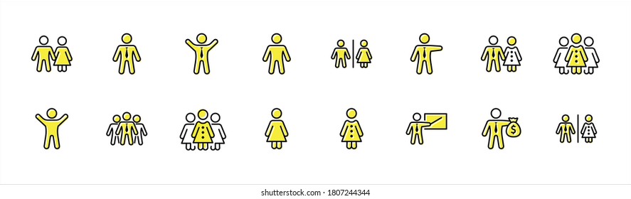 Gruppe von Menschen Vektorlinien-Symbole. Es enthält die Symbole eines Mannes, einer Frau, einer Familie, einer Toilette, eines Geschäftsmanns, eines Lehrers und vieles mehr. Bearbeitbarer Stroke. 32 x 32 Pixel.