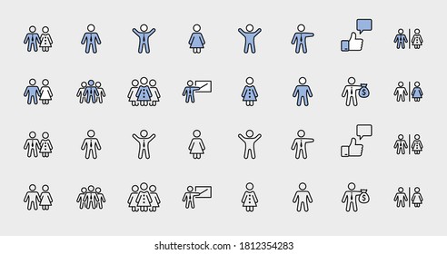 Set of people vector line icons. It contains the symbols of a man, a woman, a family, a toilet, a businessman, a teacher, and much more. Editable Stroke. 32x32 pixels.