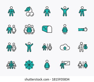 Set of people vector line icons. It contains the symbols of a man, a woman, a family, a toilet, a businessman, a teacher, and much more. Editable Stroke. 32x32 pixels.