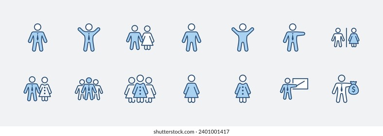 Set von Menschen Vektorgrafik-Symbolen. Es enthält die Symbole eines Mannes, einer Frau, einer Familie, einer Toilette, eines Geschäftsmanns, eines Lehrers und vieles mehr. Bearbeitbarer Stroke. 32 x 32 Pixel.