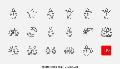 Set of people vector line icons. It contains the symbols of a man, a woman, a family, a toilet, a businessman, a teacher, and much more. Editable move. 32x32 pixels.
