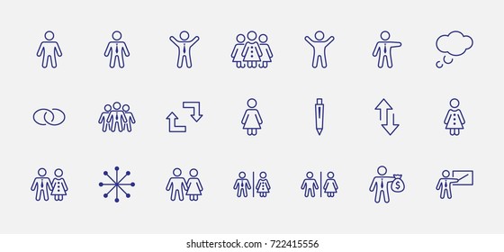 Set of people vector line icons. It contains the symbols of a man, a woman, a family, a toilet, a businessman, a teacher, and much more. Editable move. 32x32 pixels.