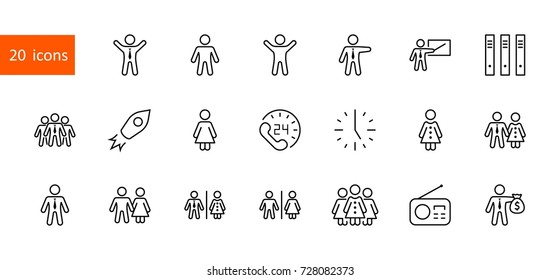 Set of people vector line icons. It contains the symbols of a man, a woman, a family, a toilet, a businessman, a teacher, and much more. Editable move. 32x32 pixels.