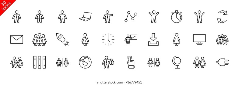 Set of people vector line icons. It contains the symbols of a man, a woman, a family, a toilet, a businessman, a teacher, and much more. Editable move. 32x32 pixels.