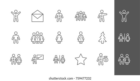 Set of people vector line icons. It contains the symbols of a man, a woman, a family, a toilet, a businessman, a teacher, and much more. Editable move. 32x32 pixels.