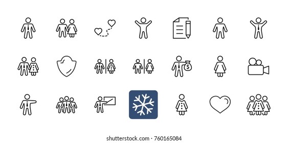 Set of people vector line icons. It contains the symbols of a man, a woman, a family, a toilet, a businessman, a teacher, and much more. Editable move. 32x32 pixels.