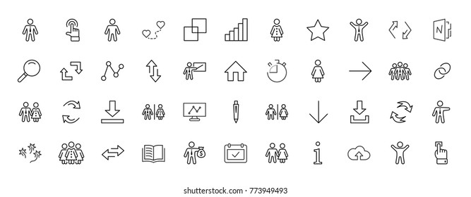 Set of people vector line icons. It contains the symbols of a man, a woman, a family, a toilet, a businessman, a teacher, and much more. Editable move. 32x32 pixels.