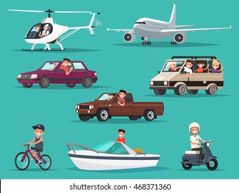 Conjunto de personas y vehículos. Aviones, helicópteros, camiones, ciclomotores, bicicletas, barcos. Ilustración vectorial de un diseño plano