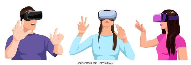 Set Of People In Virtual Reality Glasses Gaming In 3d Meta. Young Man, Woman, Girl Have New Experience Of Metaverse Education In Vr Headset. Digital Technologies For Entertainment. Vector