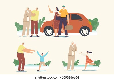 Set People Visit Grandparents. Parents Bring Children on Summer Vacation to Granny Home. Kids Running to Meet Grandmother and Grandfather, Characters Summertime Holiday. Linear Vector Illustration