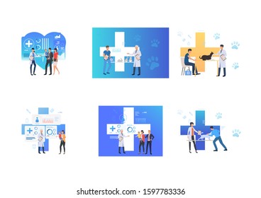 Set of people visiting clinics. Flat vector illustrations of clinic, vet clinic, veterinary. Treatment, consultation, animal and child care concept for banner, website design or landing web page