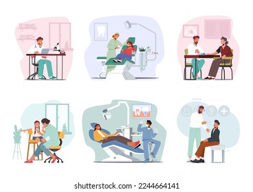 Set People Visiting Doctor In Clinic Or Hospital. Adults And Kids Characters On Medical Check Up At Pediatrician, Stomatologist, Otolaryngologist Or Therapist. Cartoon Vector Illustration