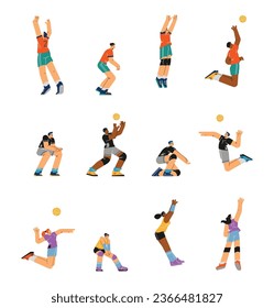 Set of people volleyball players in different poses flat style, vector illustration isolated on white background. Athletic boys and girls, sport game, decorative design elements collection