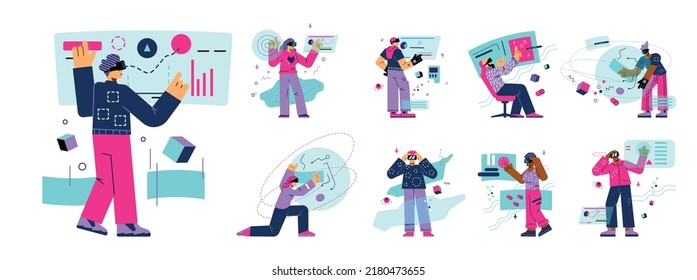 Set of people in VR glasses researching metaverse flat style, vector illustration isolated on white background. Men and women traveling through virtual reality, abstract geometry symbols