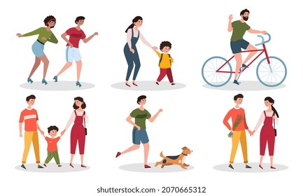Set of People walk. Characters walking with dog, couple, family or child. Men and women spend time together. Person rides bicycle. Cartoon flat vector collection isolated on white background