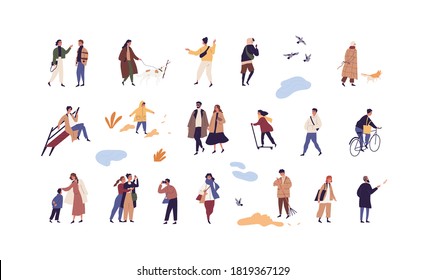 Set of people walk and performing outdoor activity at autumn season vector flat illustration. Collection of man, woman and children talk, play, ride and stroll enjoy fall weather isolated on white