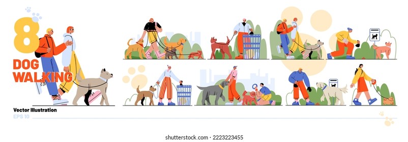 Set of people walking and cleaning up after dogs. Flat vector illustration of happy casual men and women training, playing, having fun with pet animals of different breeds. Active leisure, friendship