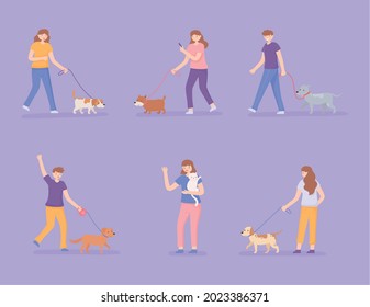 set of people walking with dogs cartoon