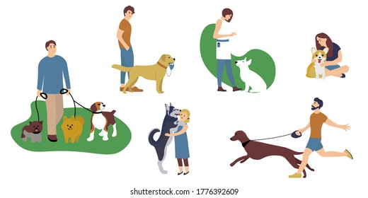 Set Of People Walking With Dogs Different Breeds. Man, Woman And Children With Pet Play In Park. Collection Cartoon Character With Pets Outdoor. Vector Illustration In Flat Style