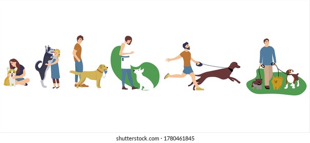 Set Of People Walking With Dogs Different Breeds. Man, Woman And Children With Pet Play In Park. Collection Cartoon Character With Pets Outdoor. Vector Illustration In Flat Style