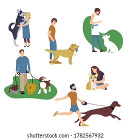 set of people walking with dogs different breeds. Man, woman and children with pet play in park. Collection cartoon character with pets outdoor. Vector illustration in flat style