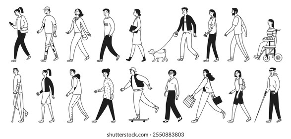 Set of people walking and doing something. Diversity and inclusion. Men, women and teenagers, disabled person. Vector illustration isolated in doodle style