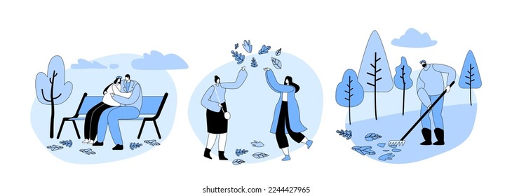 Set People Walking and Having Fun In Autumn City Park. Girls Playing with Fallen Leaves. Couple Hug Sitting On Bench, Janitor Man Raking Ground at Fall Season. Cartoon Vector Illustration
