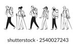 Set of people walking, hiking. Men and women with hiking gear. Vector simple doodle illustration