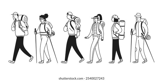 Um grupo de pessoas andando, caminhando. Homens e mulheres com equipamentos de caminhada. Ilustração de doodle simples de vetor