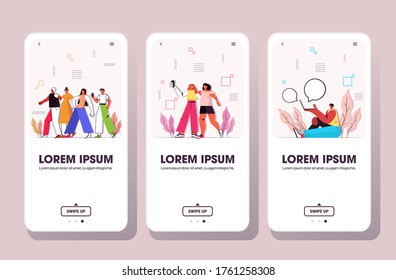 Smartphone-Smartphone-Smartphone-Smartphone-Smartphone-Smartphone-Smartphone-Kollektion für Menschen, die im Freien spazieren gehen, Kopienraum mit horizontaler Vektorgrafik
