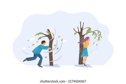 Set of people walking outdoors in stormy weather. Man clinging to tree blown with strong wind. Chilled girl standing under tree during heavy downpour. Extremely blowing wind and heavy shower cartoon