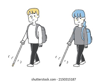 A set of people walking outside with a white cane Comical handwritten person vector, warm line drawing