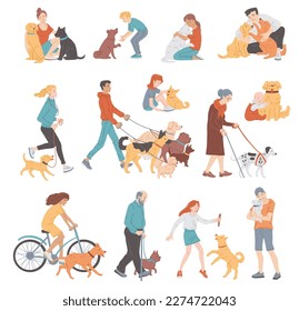 Grupo de personas caminando, jugando y abrazando a sus perros, ilustración plana vectorial aislada en fondo blanco. Adultos y niños abrazando perros, perro de servicio ayuda a mujeres mayores, hombres que trabajan como niñeras.