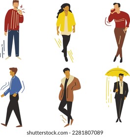 Set of people walking in the rain. Flat style vector illustration.