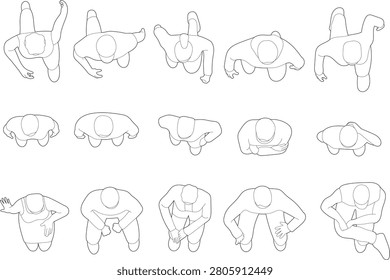 set of people walking, standing, sitting top view lifestyle concept. minimalist outline plan drawings for architectural style. black continuous line art plan vector illustration.