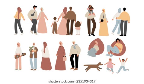 Set of people walking at summer market illustration, Flat style vector images clipart, person, man, woman, male, boy, kid, child, old, elderly, young, muslim, black, family, couple, Diversity, dog.