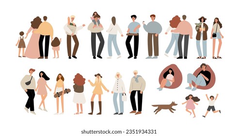 Conjunto de personas caminando en la ilustración del mercado de verano, imágenes vectoriales de estilo plano clipart, persona, hombre, mujer, hombre, niño, niño, niño, anciano, joven, musulmán, negro, familia, pareja, diversidad, perro.