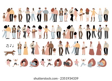 Reihe von Menschen, die auf Sommermarkt-Illustration gehen, Flache-Stil Vektorgrafiken Clip-Art, Person, Mann, Frau, Mann, Junge, Kind, Kind, alt, alt, jung, muslim, schwarz, Familie, Paar, Diversity, Hund.