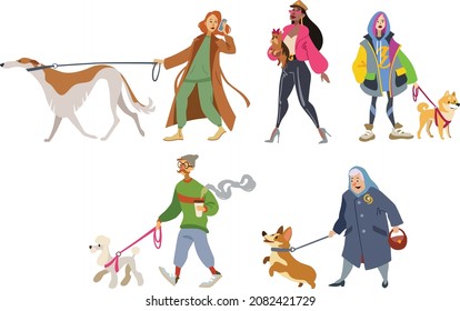 Set of people walking with their dogs. Different ages, different dog breeds, streetstyle fashion.