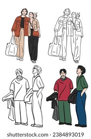 grupo de personas. Caminando. 
Fondo blanco. Color dibujado a mano Ilustración.