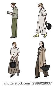 set of people. Walking. 
White Background. Hand drawn color Illustration.