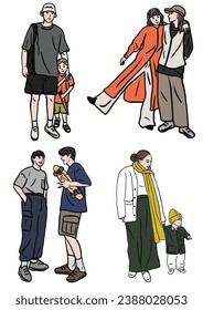 set of people. Walking. 
White Background. Hand drawn color Illustration.