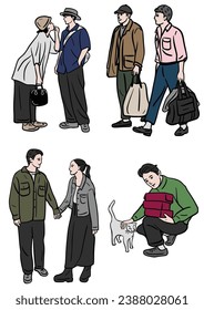 set of people. Walking. 
White Background. Hand drawn color Illustration.