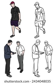 grupo de personas. Caminar. fondo blanco. Estilo de vida de los jóvenes Dibujado a mano color Ilustración 