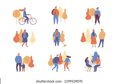 Set of People in warm clothes having fun outdoors in urban park isolated on white. Autumn park Flat Vector illustration.