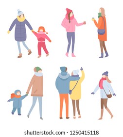 Set of people in warm clothes vector in flat style isolated on white. Standing men and women in jacket with scarf and hat with mittens holding children