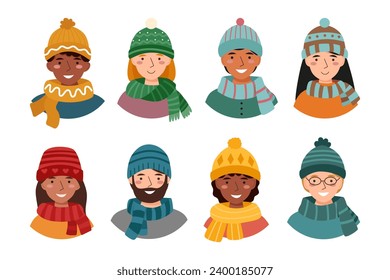 Set of people in warm hats and scarfs isolated on a white background.