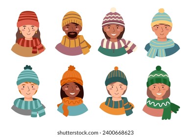 Set of people in warm hats and scarfs isolated on a white background.