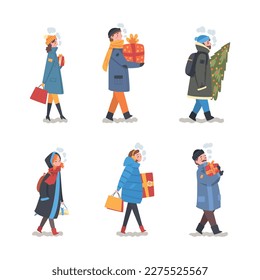 Set of people in warm winter clothes carrying gift boxes and fir tree. Christmas and New year cartoon vector illustration