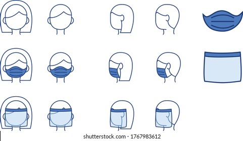Set of People Wearing Face Mask and Face Shield. Line style, Icons. Illustration Vector.